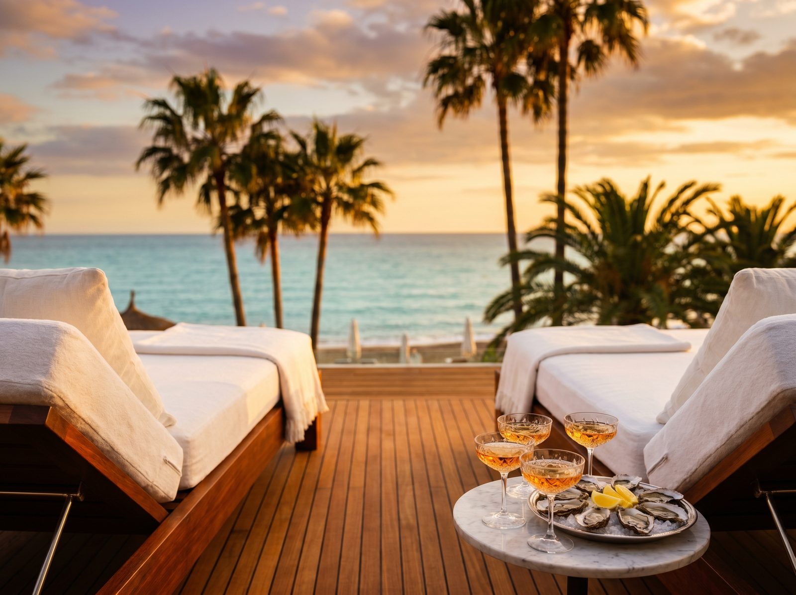 Luxury beach club in Marbella with daybeds and the Mediterranean at golden hour