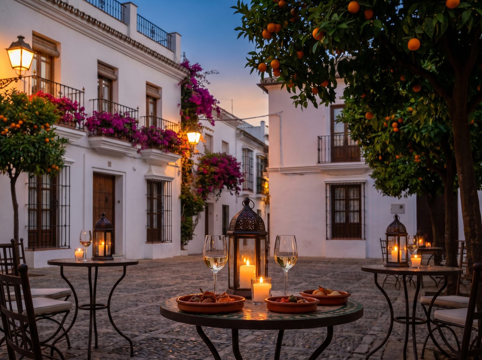 Marbella old town at dusk with candlelit terrace tables