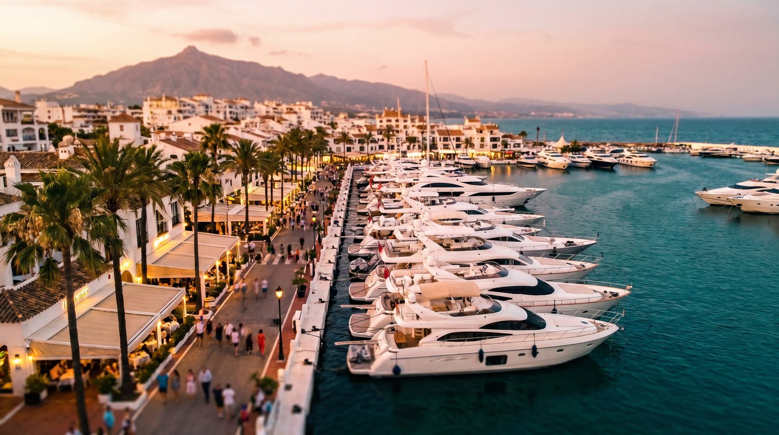 Aerial view of Puerto Banús marina at sunset with yachts